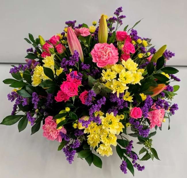 Fresh Flower Basket Arrangement | Yellow, Pink, Purple Fresh Flowers