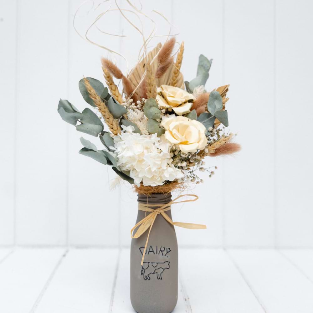 Dried Flowers | Sweetie Milk Bottle Flower Arrangement | Caloundra Florist | Mother;`s Day Flowers | Sunshine Coast Florist