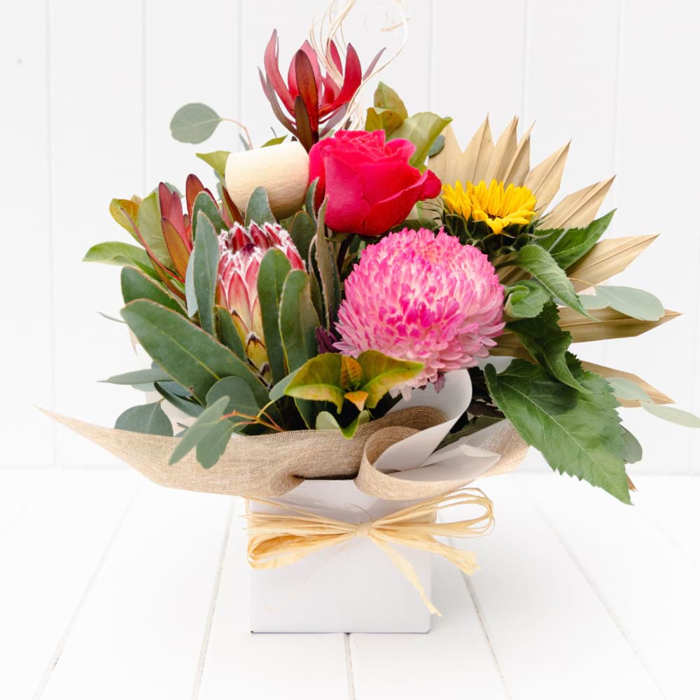 Fresh Flower Arrangement in a White Posy Box | Same Day Flower Delivery Sunshine Coast | Best Local Florist | Coastal Flora