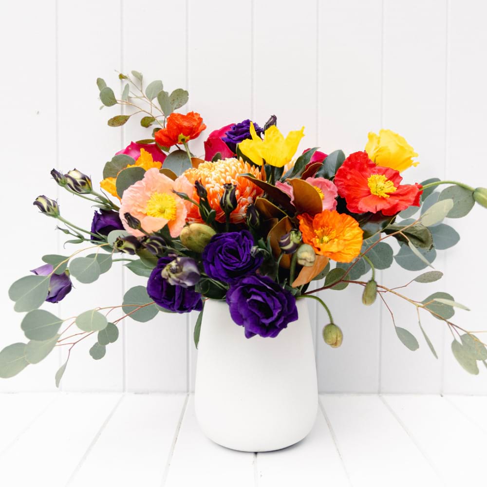 Colourful Mixed Flowers in White Ceramic Vase | Coastal Flora | Caloundra Florist